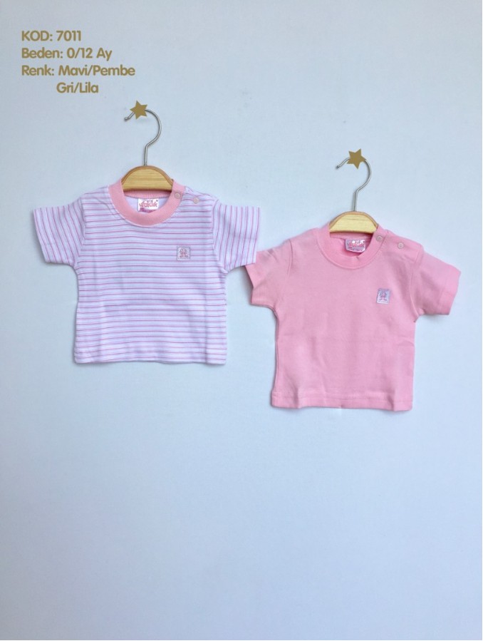 İNT.ÇİZGİLİ KISAKOL T-SHİRT 7011-PEMBE